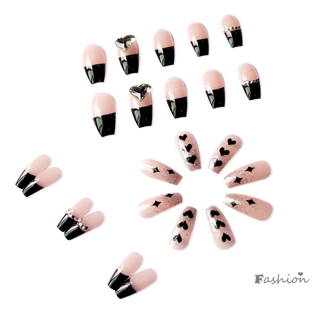 Set 24 Móng Tay Giả Màu Đen Họa Tiết Trái Tim Dễ Thương Bắt Mắt