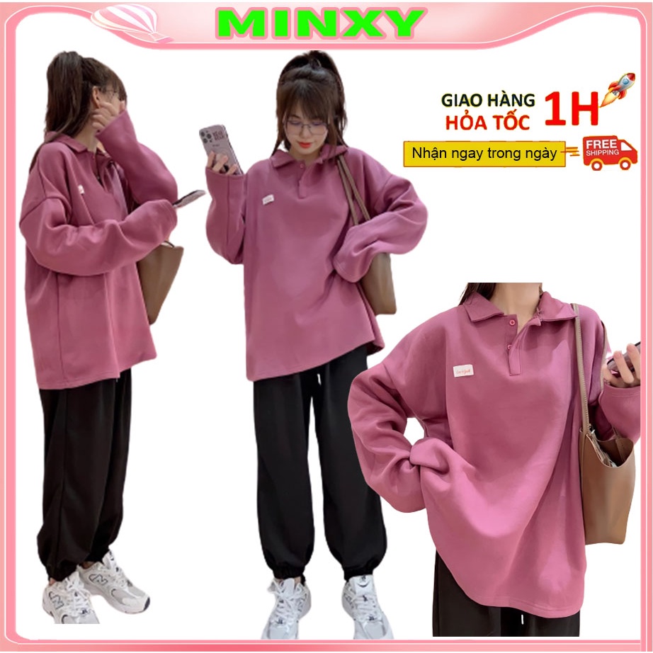 Áo Sweater Polo Nỉ Nữ Màu Tím Logo Ngực Dáng Thụng Cổ Cao from rộng 65kg-Minxy shop