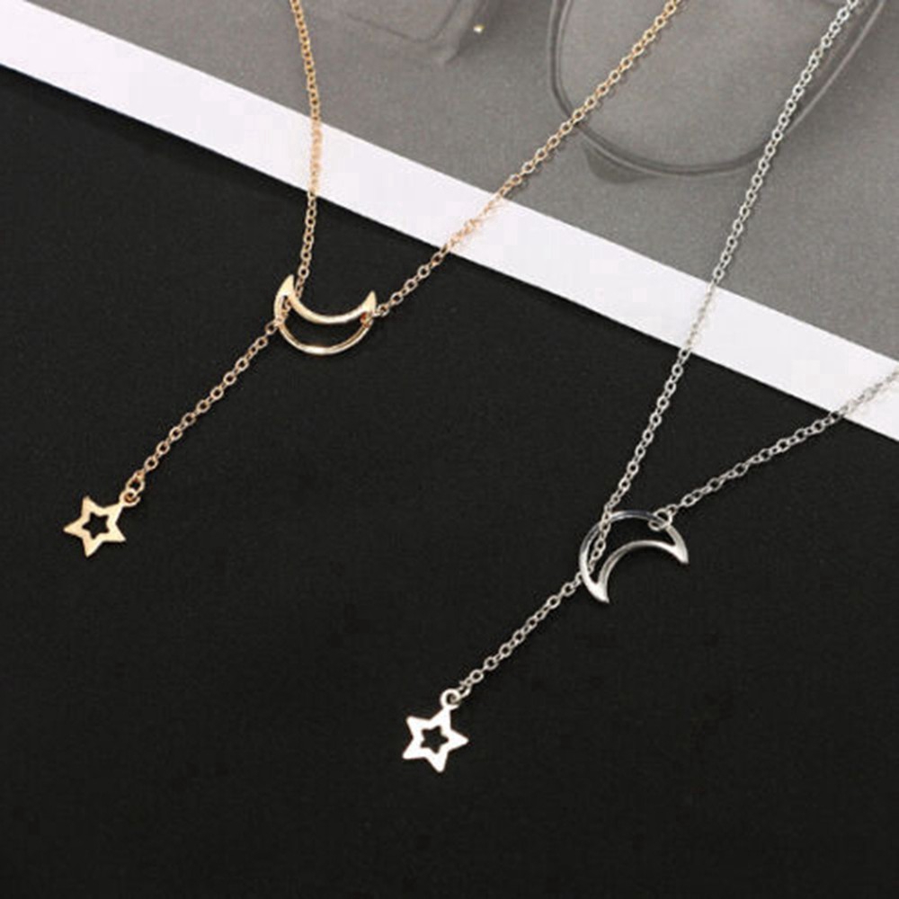 Dây chuyền choker sợi dài mặt hình mặt trăng và ngôi sao màu vàng đồng/bạc dành cho phụ nữ