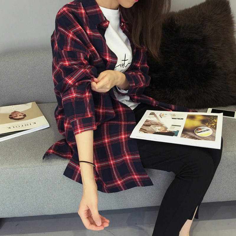 [Baywellfashion]Áo sơ mi caro tay dài dáng rộng thời trang phong cách Hàn Quốc cho nữ | BigBuy360 - bigbuy360.vn