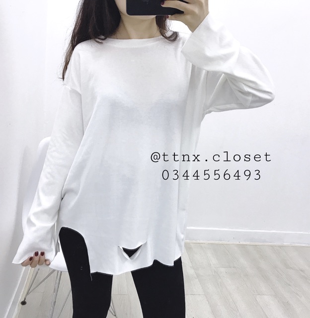 Áo pull trắng oversize rách chân SALE OFF FREESHIP