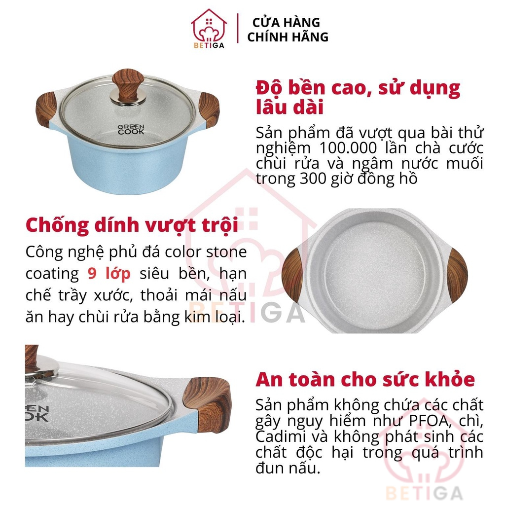 Nồi đúc bếp từ men đá chống dính xanh sapphire Green Cook GCS09-IH công nghệ Hàn Quốc