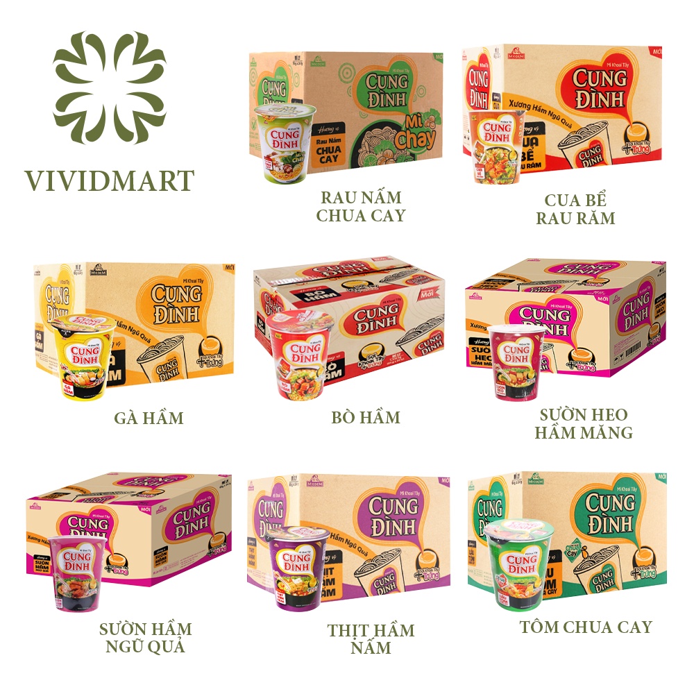 Thùng MÌ LY KHOAI TÂY CUNG ĐÌNH: BÒ, GÀ, SƯỜN HEO, THỊT HẦM NẤM, MĂNG, NGŨ QUẢ, TÔM, CUA BỂ, CHUA CAY CHAY GÓI65G MICOEM