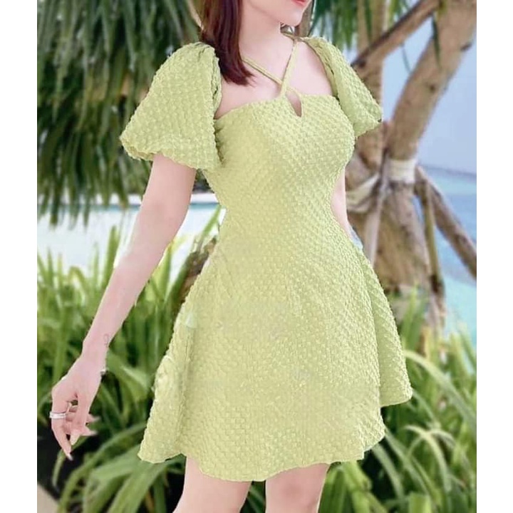 Váy nữ thiết kế dự tiệc, đầm nữ tay phồng, cổ vuông chéo dễ thương