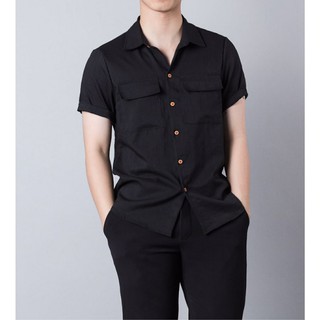 Áo sơ mi nam tay ngắn form rộng, sơ mi cổ vest unisex Hàn Quốc, chất vải đũi cao cấp