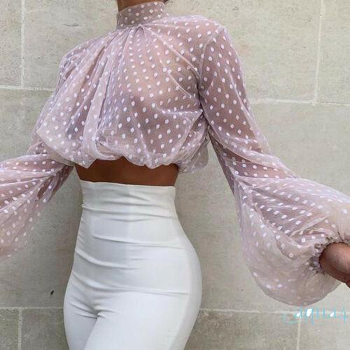 Áo Lưới Tay Dài Cổ Lọ Họa Tiết Chấm Bi Dành Cho Nữ