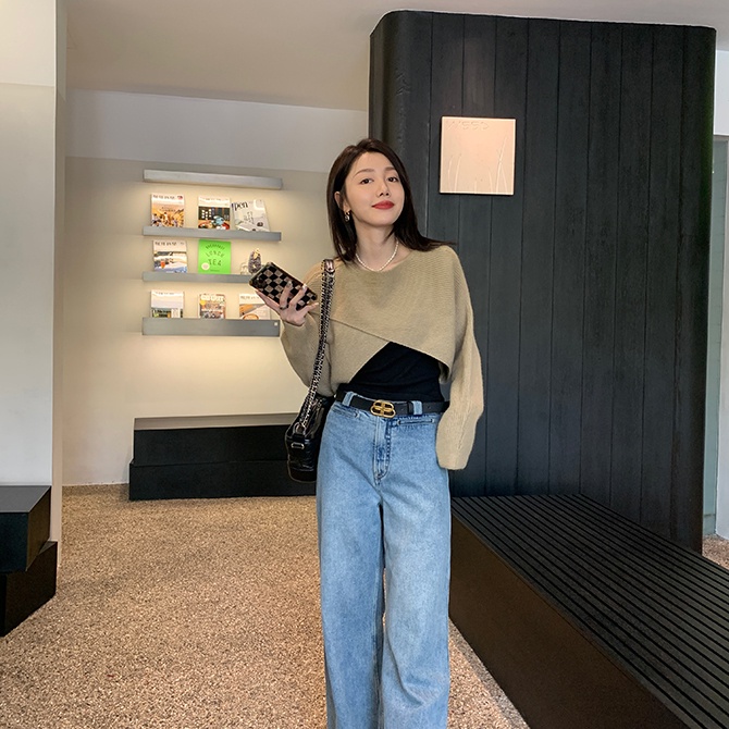 Áo sweater SUXI dệt kim dáng rộng màu sắc đơn giản phong cách Hàn Quốc thời trang mùa thu cho nữ