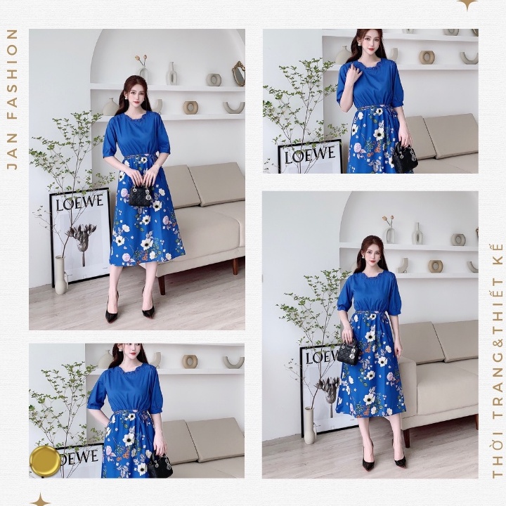 V124 dáng suông in họa tiết hoa chân váy, có dậy rút eo