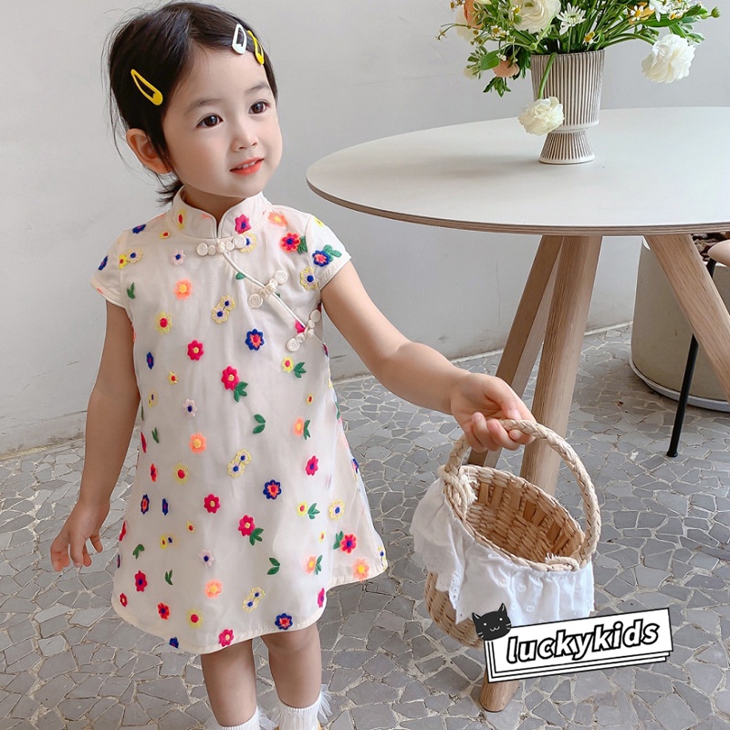 Đầm Sườn Xám Tay Ngắn In Hoa Nhiều Màu Dễ Thương Thời Trang Mùa Hè Cho Bé Gái