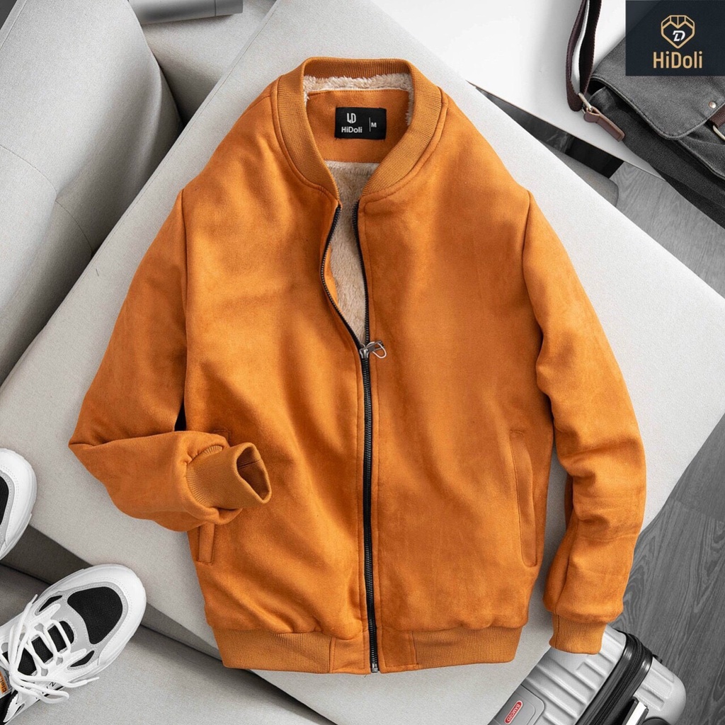 Áo bomber nam da lộn, khoác nam lót lông thời trang 4 màu đen than ghi vàng bò