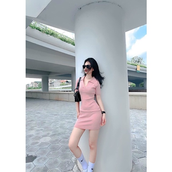 Váy đầm body len nữ cộc tay cổ bẻ bassic