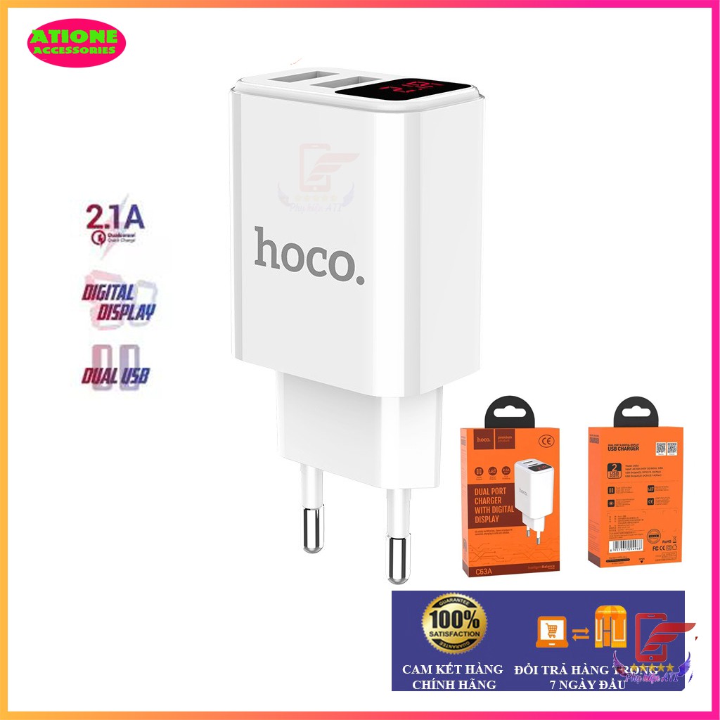 Củ sạc Hoco 2 cổng hỗ trợ sạc nhanh -Đèn Led hiển thị - C63A- Hàng chính hãng