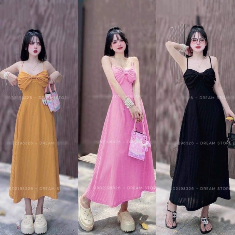 Đầm Xòe Hai Dây Kiểu Nơ To Trước Ngực - Có Mút - Dáng Dài Maxi - Tiểu Thư Bánh Bèo Cute Sexy - Thun Gân Xương Cá