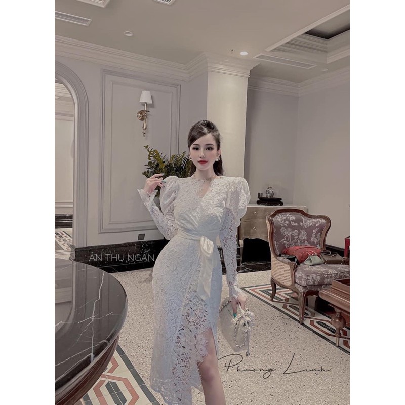 Đầm ren tay dài, dây nơ cột eo