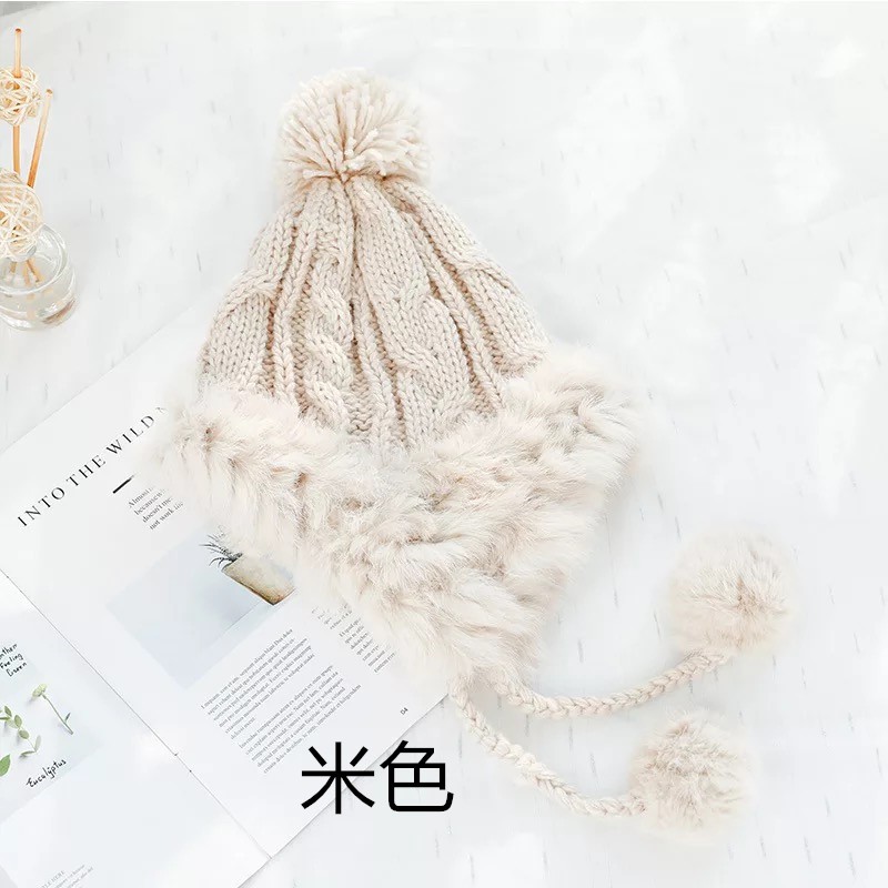 Mũ len dệt kim lông thỏ bảo vệ giữ ấm tai đính bóng lông trơn thời trang thu đông phong cách Hàn Quốc dễ thương cho nữ