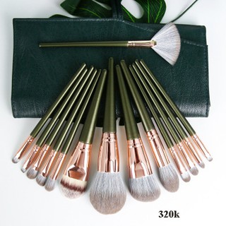 Bộ 14 cọ trang điểm màu xanh lá đậm đa năng cho phấn nền/phấn mắt/phấn má