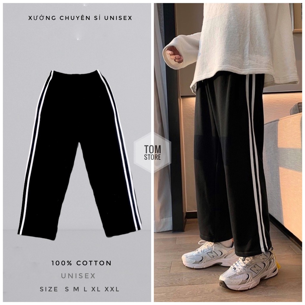 Quần thể thao nam nữ unisex 2 Sọc To Quần nam nữ Thu Đông chất dày co giãn ống suông mặc nhà mặc thể dục
