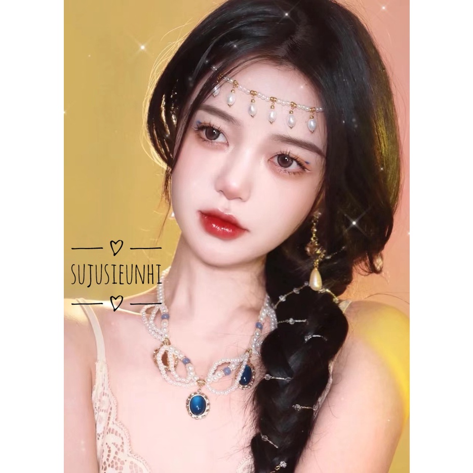 2 mẫu vòng ngọc nhân tạo màu xanh biển đeo cổ, đeo trán cosplay cổ phong Trung Hoa