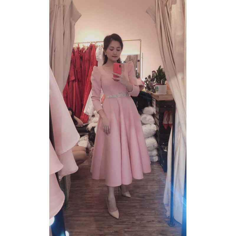 Váy dự tiệc cổ vuông tay dài xoè phồng Poly- hình thật trải sàn | BigBuy360 - bigbuy360.vn