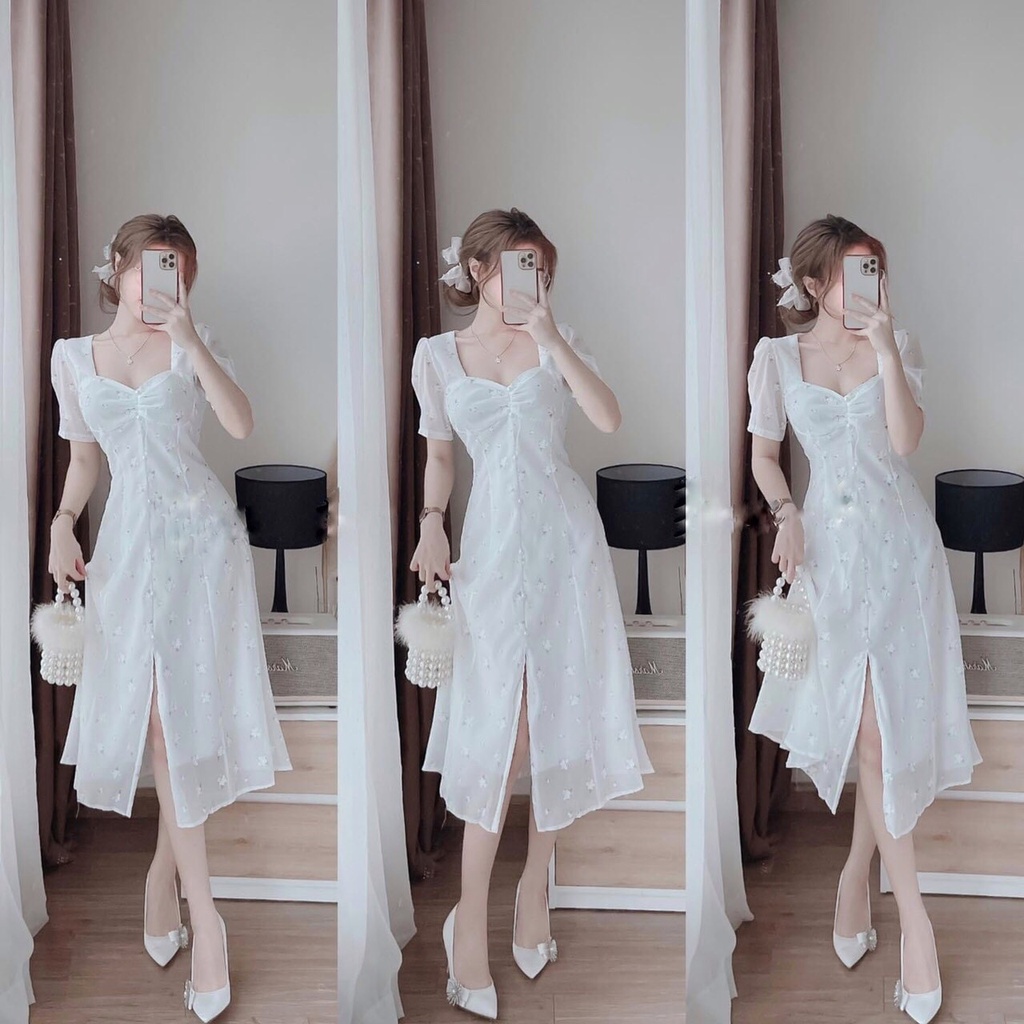 ✨BÁN SỈ✨Đầm voan trắng hoa xanh 2 lớp nhún ngực 2 lớp
