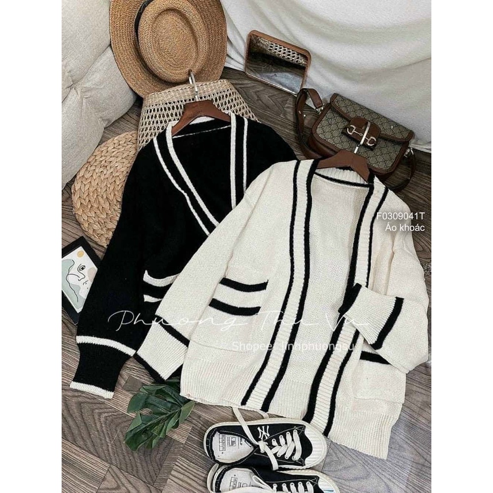 Áo khoác len cardigan viền có túi form rộng tay dài hàng QC!
