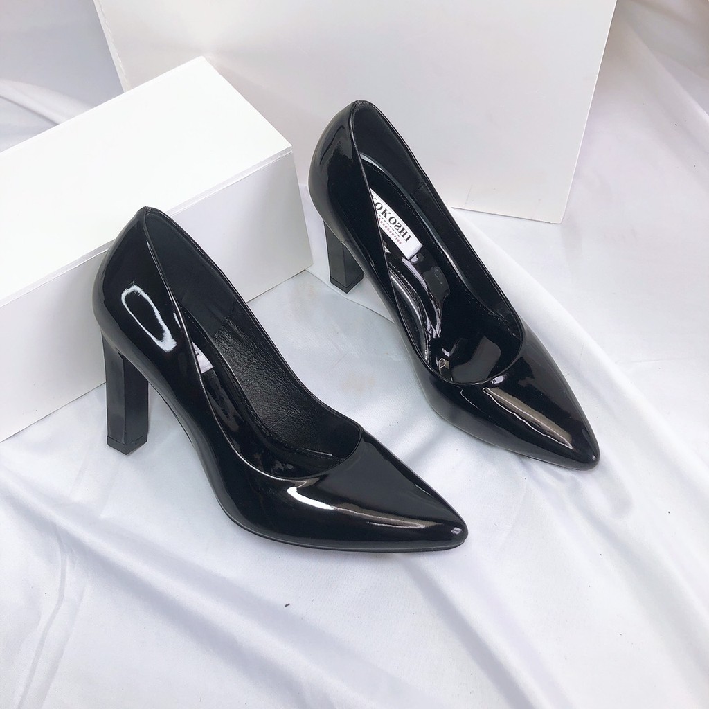 Giày Cao gót mũi nhọn 9p/9cm Công Sở đế vuông nhỏ da bóng mềm sang chảnh chuẩn xịn VNXK HANO