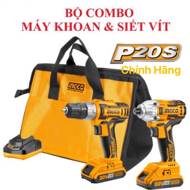 INGCO Bộ Combo máy Khoan 10mm & máy siết vít 1/4" dùng pin Lithium 20V CKLI2006