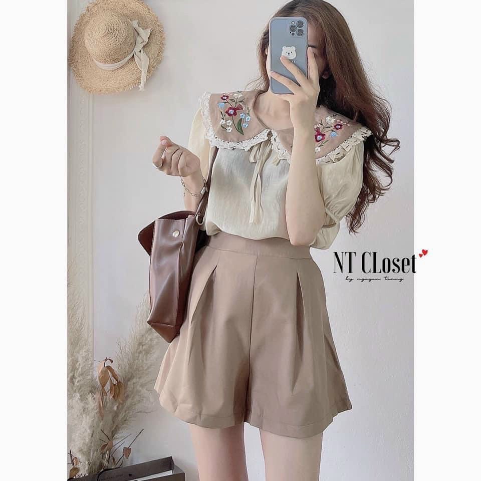 Set áo đũi ren cổ thuyền thêu hoa mix quần đùi nâu tây NN10132