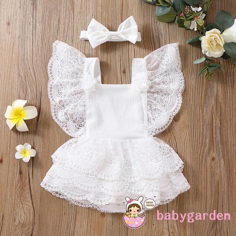 BABYGARDEN-0-24months Baby Girls Summer Lace Romper Sweet Style Flower Pattern Fly Sleeve Layered Skirt Splicing Jumpsuit + Headwear