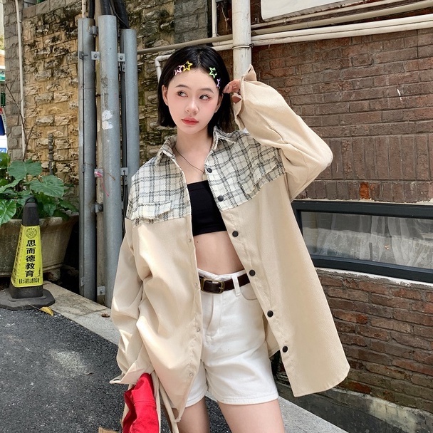 ZHELIHANGFEI Áo Khoác Nhung Kẻ Dài Tay Dáng Rộng Phong Cách Thời Trang Mỹ