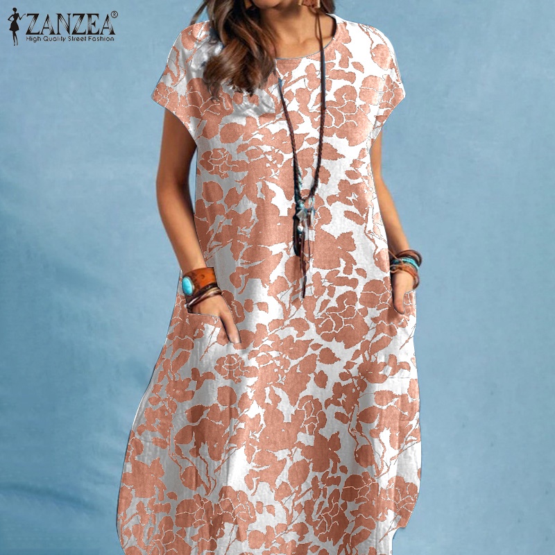 Zanzea Đầm Midi Tay Ngắn Cổ Tròn In Họa Tiết Hoa Phong Cách Bohemian Thời Trang Cho Nữ
