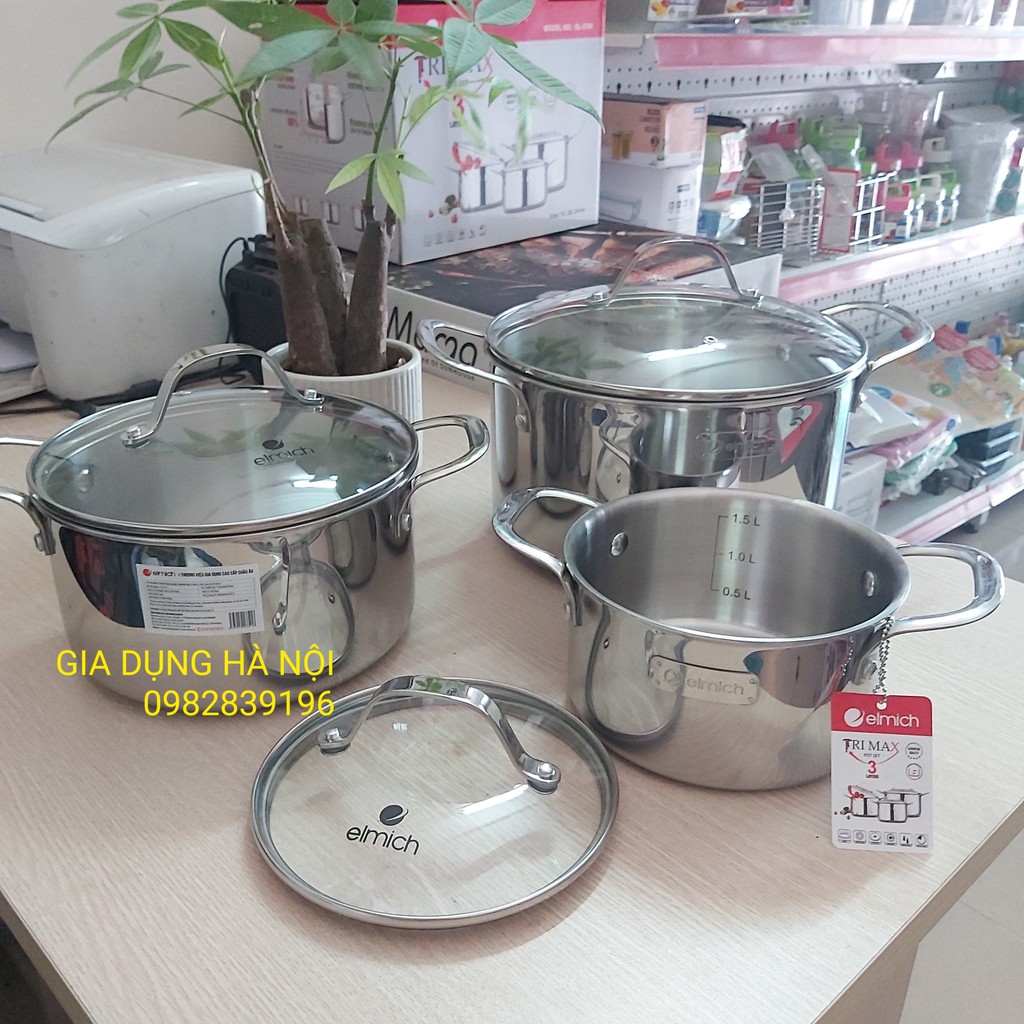 Bộ Nồi Chảo Inox ELMICH Trimax 3742 Đáy Liền Cao Cấp  18-20-26cm và chảo 26cm