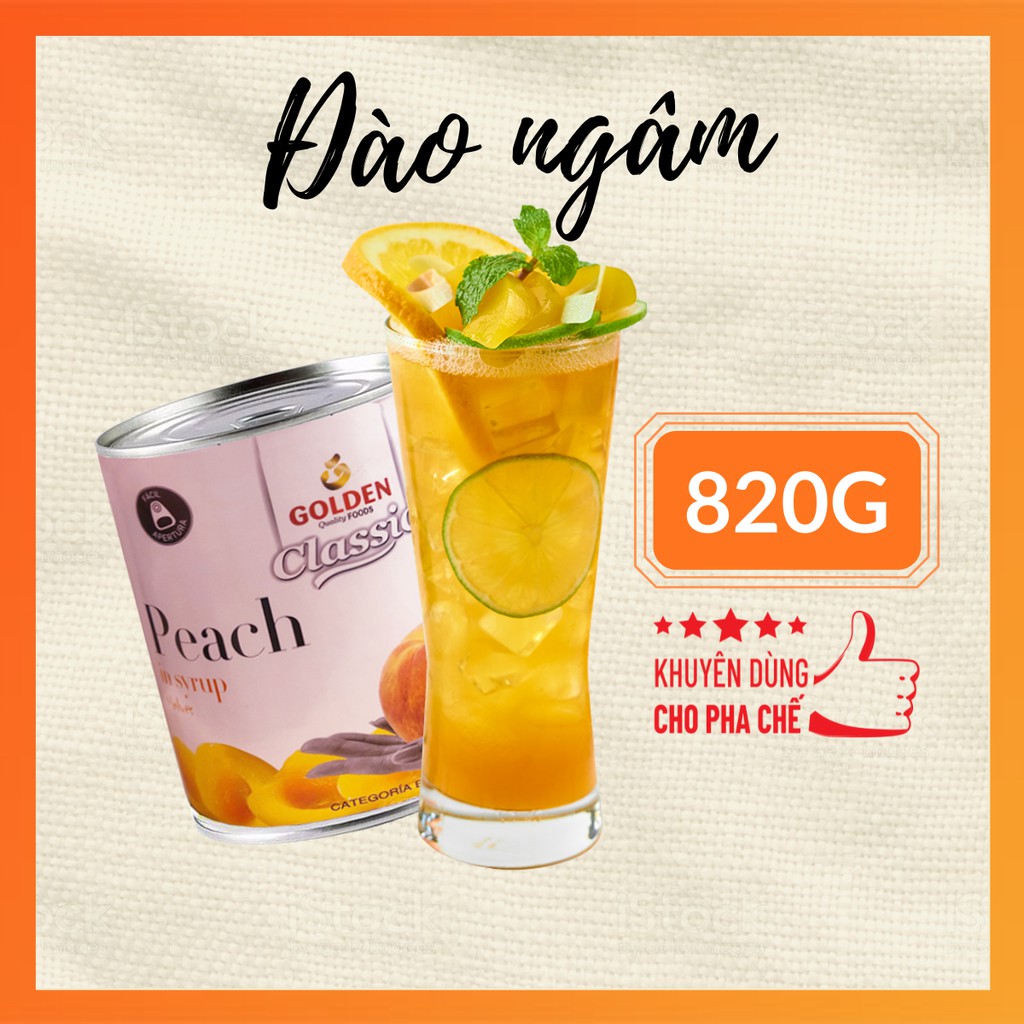 Đào ngâm GOLDEN 820g; Miếng đào ngâm dùng pha chế Trà đào, yogurt đào, trà sữa đào nhập khẩu Bồ Đào Nha