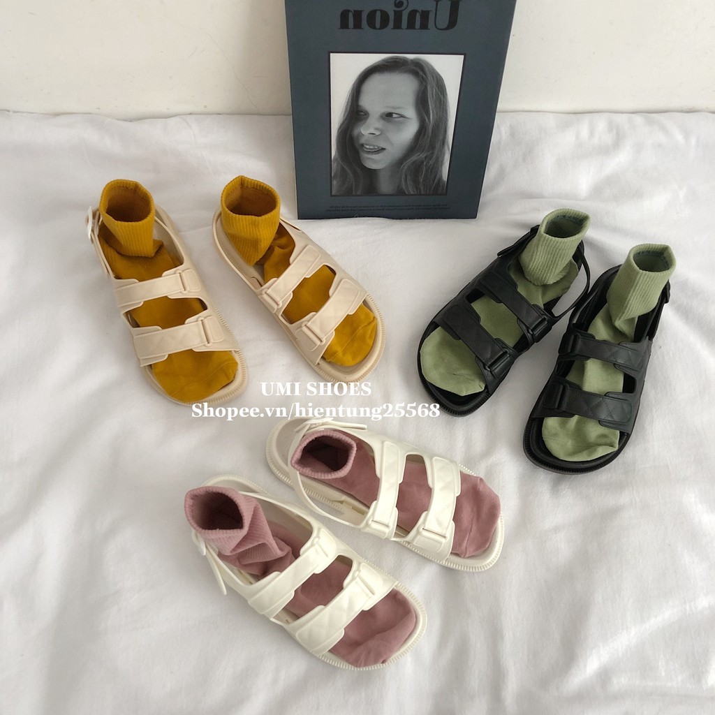 [LOẠI DẺO] Sandal ulzzang đi mưa nữ 2 quai ngang 3 màu đơn giản kem/đen/trắng 4 mùa lên đồ xinh đẹp mới cá tính rẻ xinh