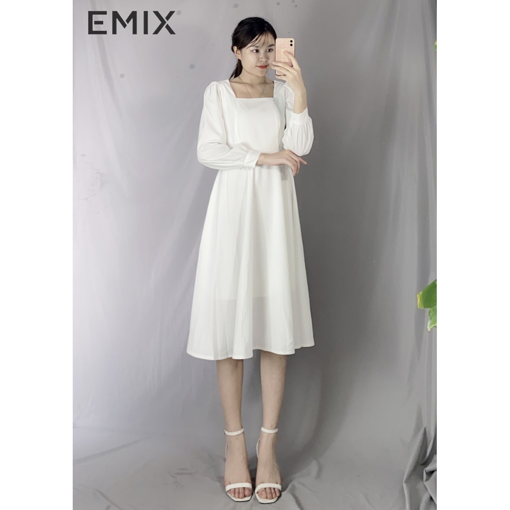 Váy cổ vuông dáng dài phối tay bồng xòe hai màu EMIX | BigBuy360 - bigbuy360.vn
