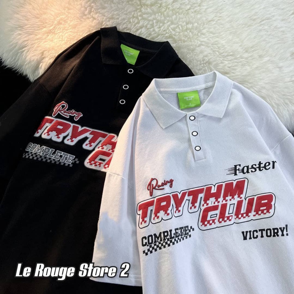Áo thun polo unisex nam nữ phong cách hiphop đường phố đen trắng in chữ Trythm Club có size