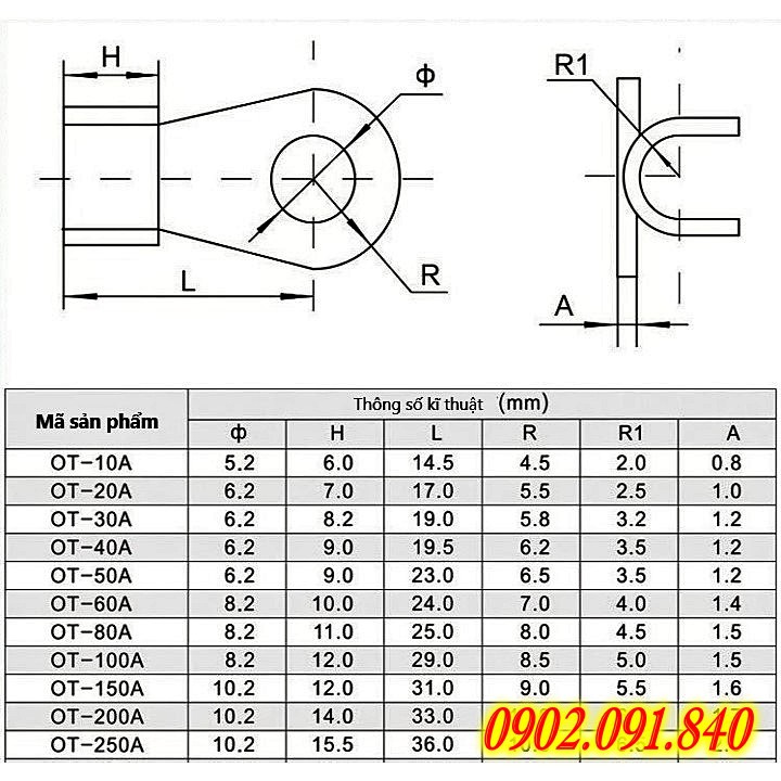 đầu cos (cốt) đồng đỏ 20cái bấm nối dây điện, cosse bắt bình ắc quy xe đạp điện, xe máy OT - 30A