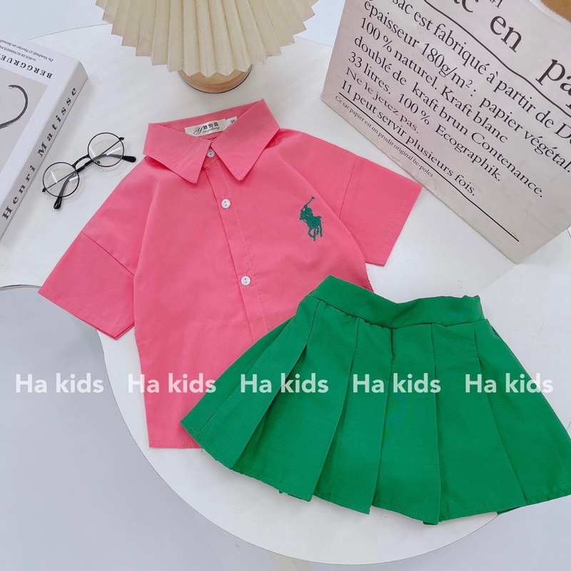 Set áo polo hồng cv xanh xếp ly bé gái