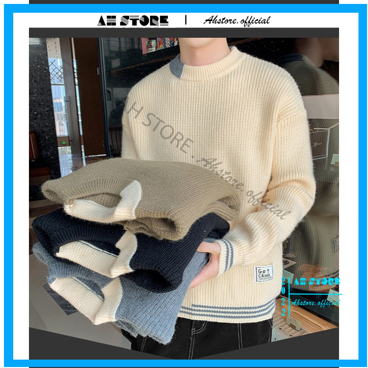 Áo len nam cao cấp dài tay vá gấu , Áo len nam cổ tròn cá tính phối màu trẻ trung thời trang hàn quốc - AHSTORE