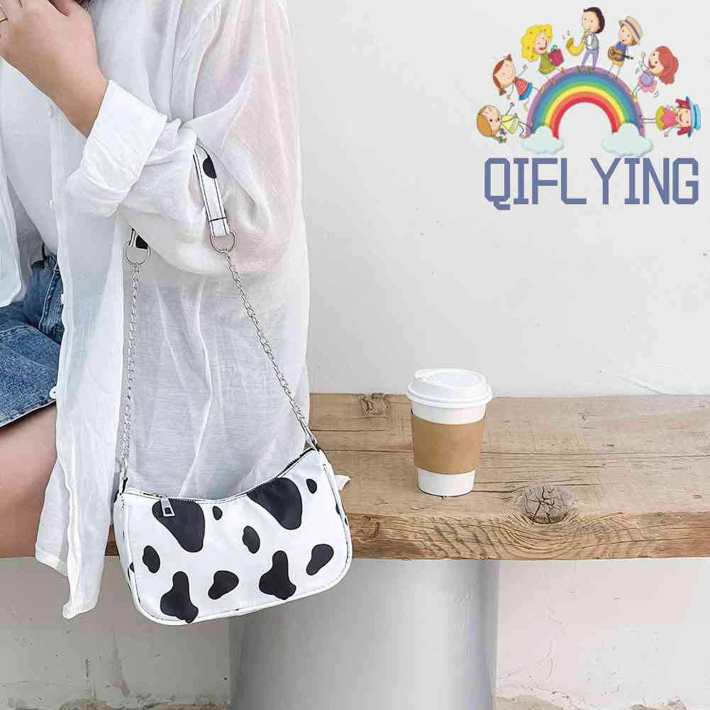 Túi Xách Kẹp Nách Chất Liệu Nylon In Họa Tiết Bò Sữa Thời Trang Cho Nữ
