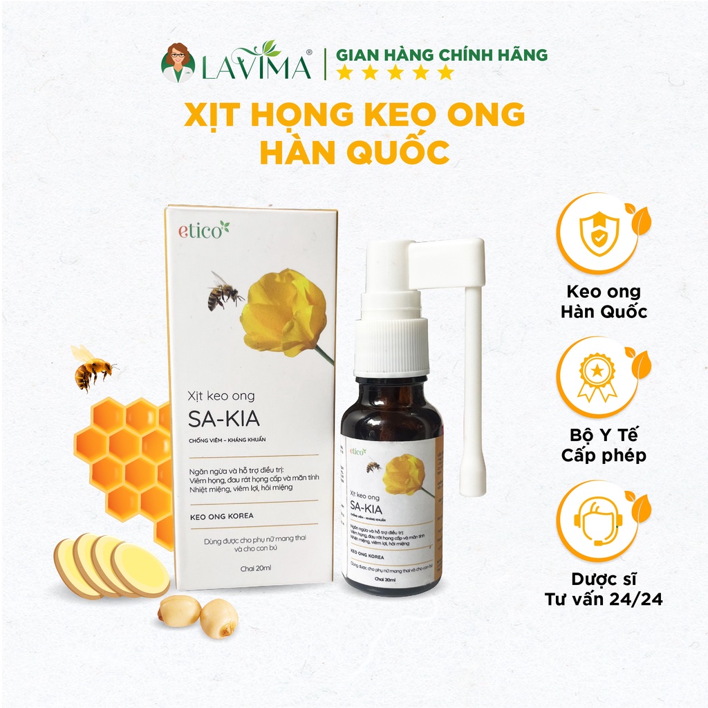 Xịt họng keo ong Hàn Quốc Sakia LAVIMA hỗ trợ giảm đau họng, sưng lợi, giảm ho cho bé và mẹ bầu 20ml (160 lần xịt)