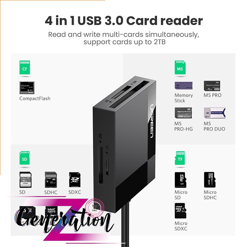 Đầu đọc thẻ nhớ USB 4 trong 1 hỗ trợ thẻ TF và DS Ugreen 30333 - Card Reader USB 3.0 Ugreen 30333