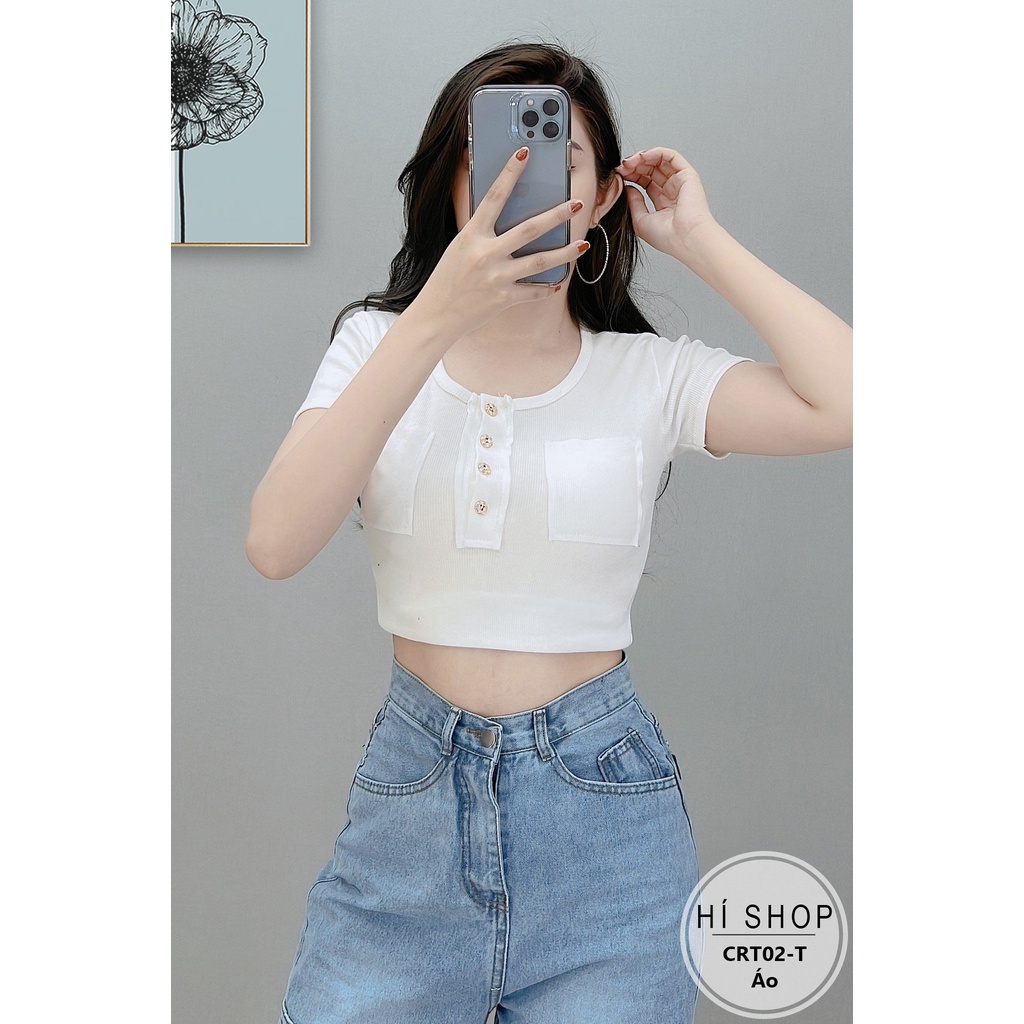 ÁO CROPTOP TAY NGẮN CÓ NÚT CÀI HÀNG CAO CẤP CRT02 - Hí Shop