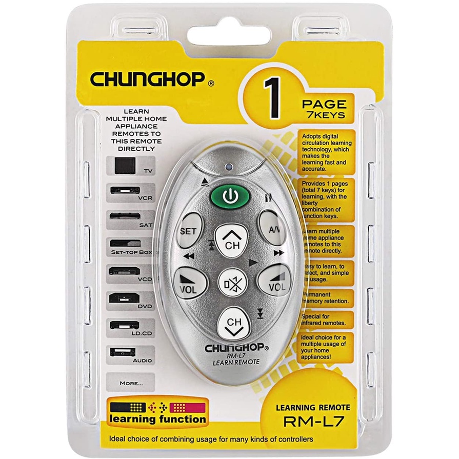 Điều khiển học lệnh 7 phím CHUNGHOP RM-L7 điều khiển từ xa IR cho tất cả các thiết bị điện, điện tử