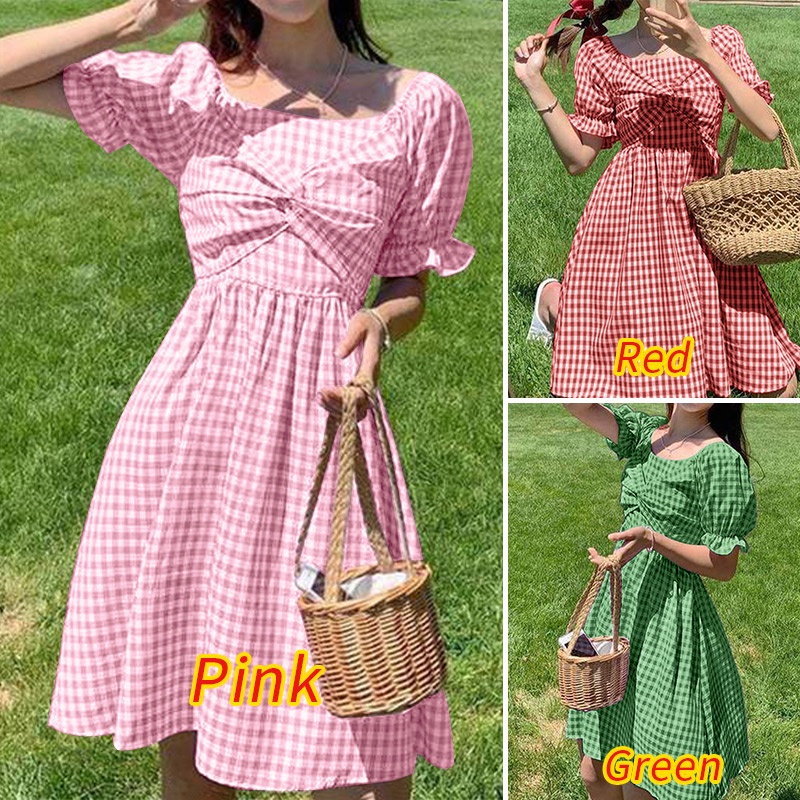 Đầm mini ZANZEA thời trang nữ tay ngắn bo phồng dáng chữ A vừa vặn in hoa văn caro