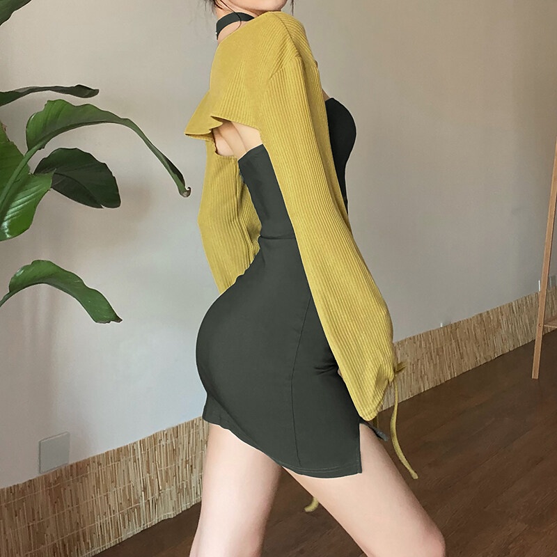 Set Đầm KLIOU hai dây dáng ôm + Áo khoác tay dài phong cách quyến rũ mùa hè 2022 cho nữ