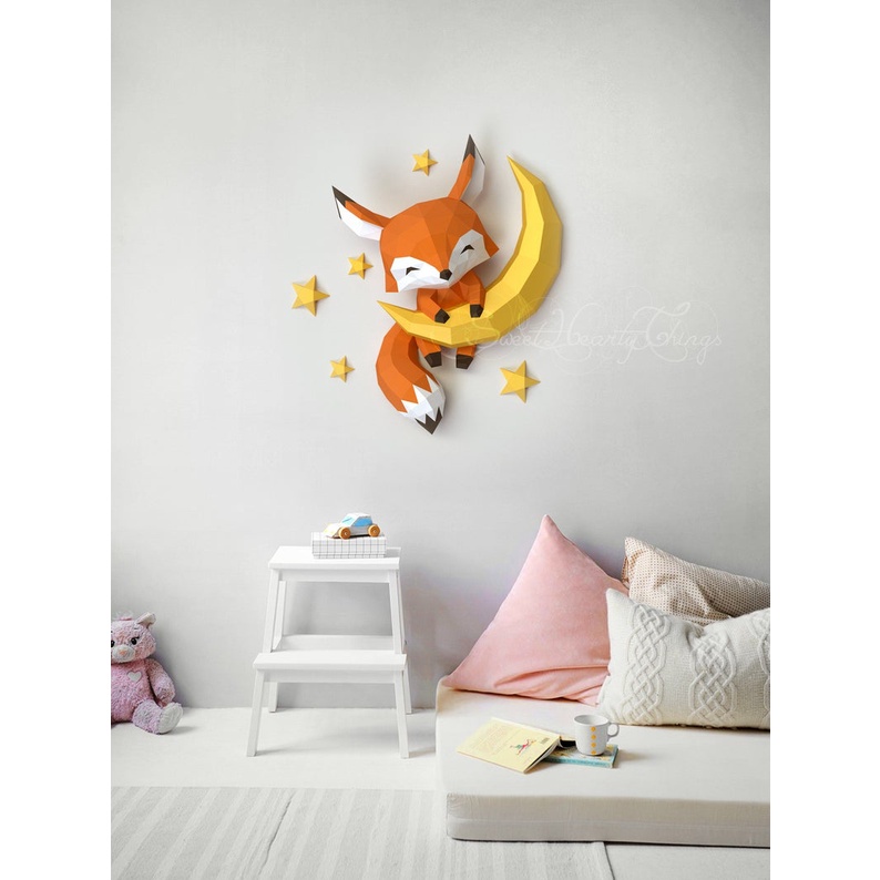 Bộ kit Mô hình giấy 3D cáo nhỏ chơi trăng mập trang trí nhà cửa, shop thời trang