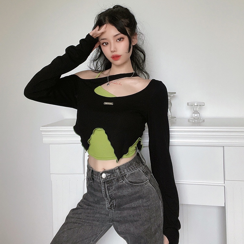 Set áo thun tay dài trễ vai phối áo hai dây độc đáo cá tính thời trang mùa thu cho nữ