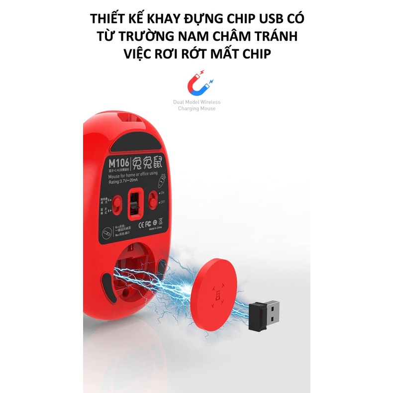 Chuột không dây M106 kết nối bằng Bluetooth và chip 2.4G siêu tiết kiệm pin, màu sắc cá tính thiết kế nhỏ gọn - NK