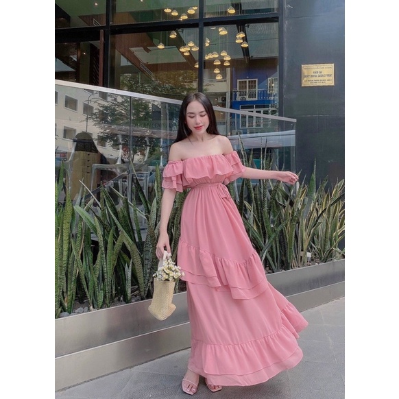 Đầm maxi đi biển, đầm bẹt vai hình thật